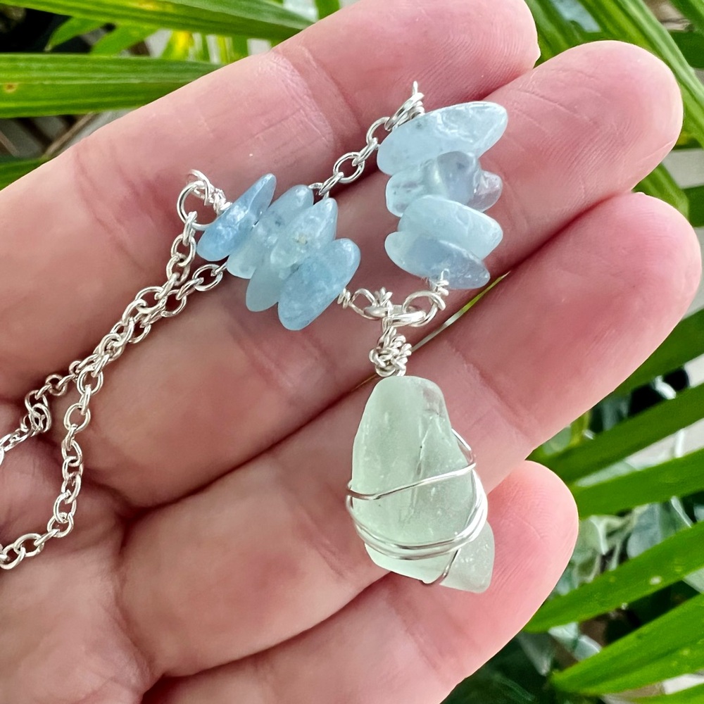 Seafoam Seaglass + Aquamarine Crystal Necklace - Picture 3 of 5
